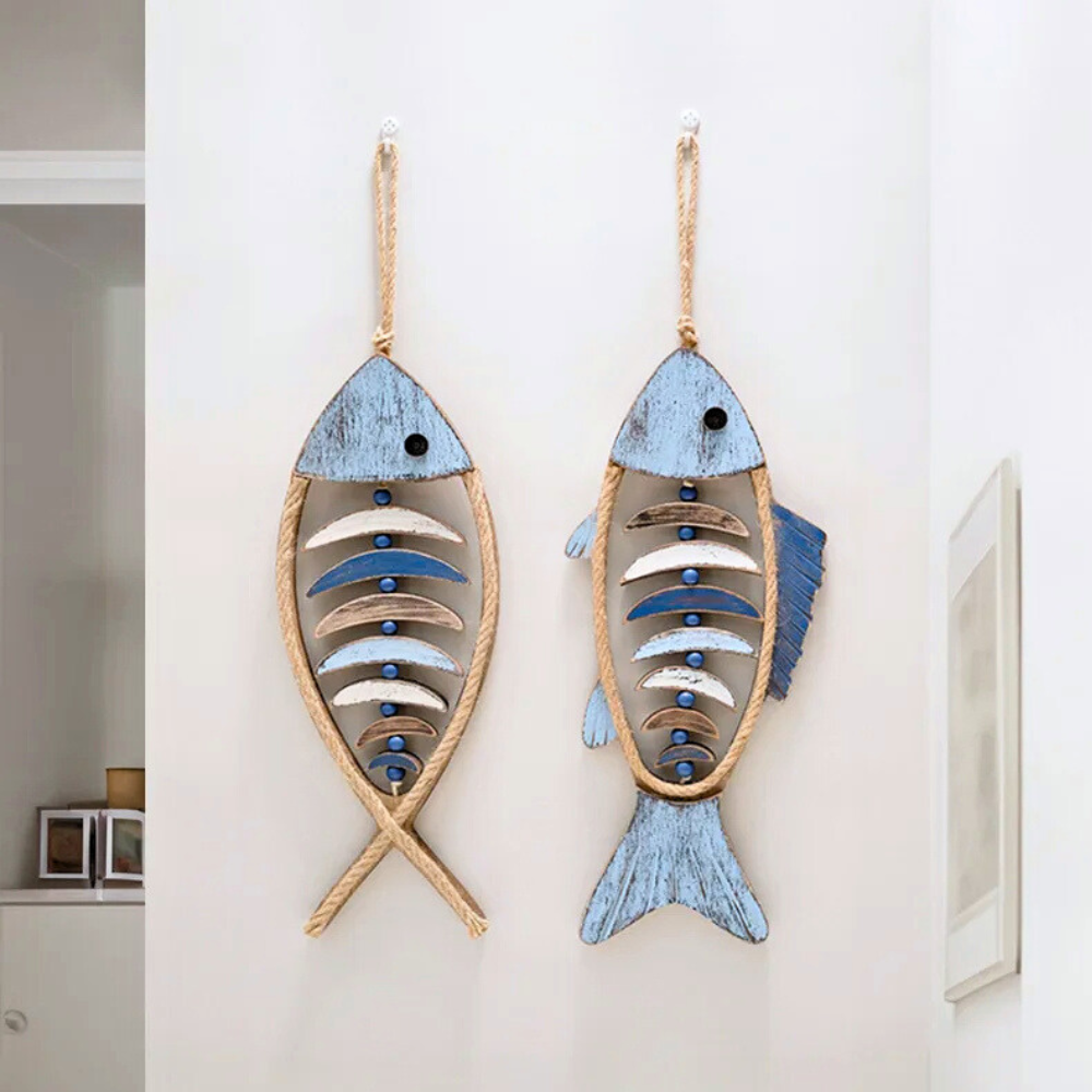 Rustic Wood Wall Art Decor Fish Hanging with Rope and Wooden Beads - Image 2