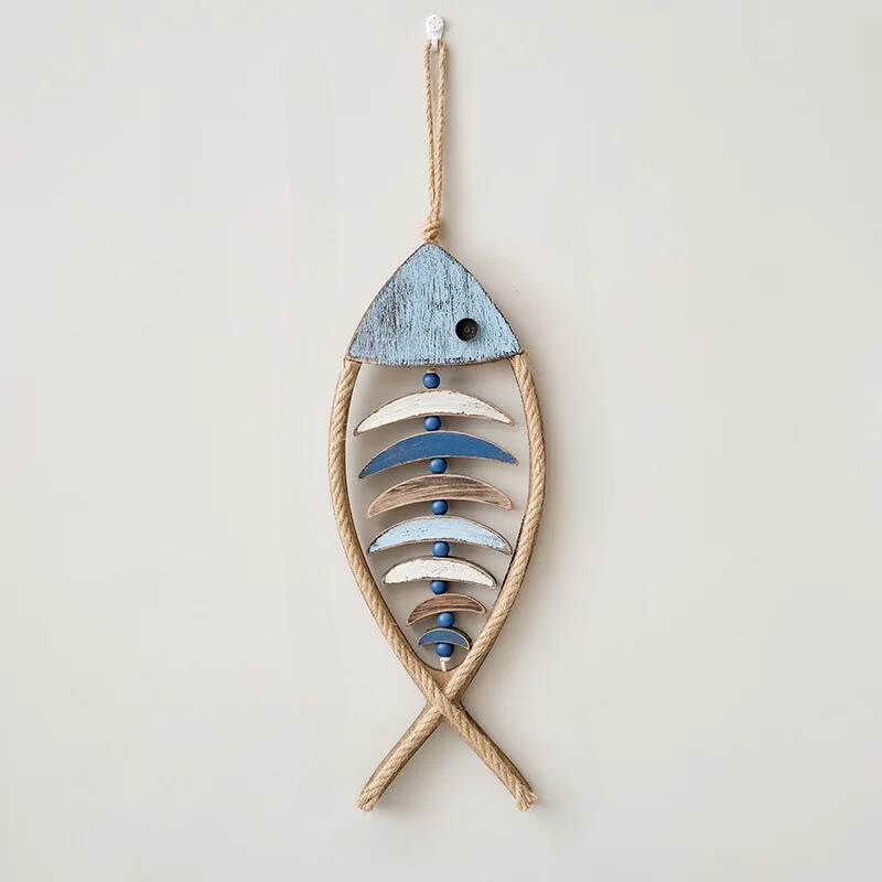 Rustic Wood Wall Art Decor Fish Hanging with Rope and Wooden Beads - Image 3