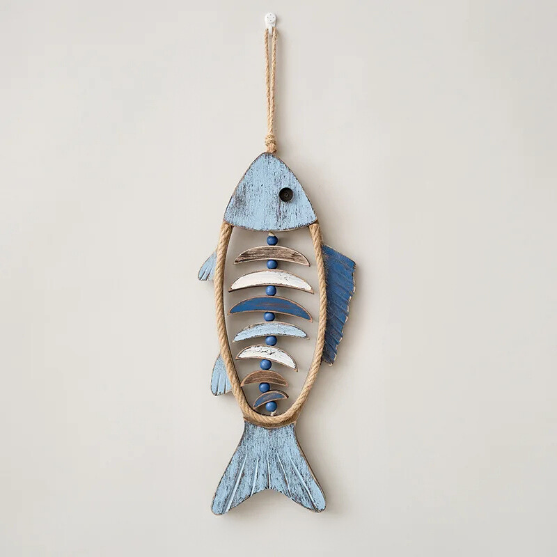 Rustic Wood Wall Art Decor Fish Hanging with Rope and Wooden Beads - Image 4
