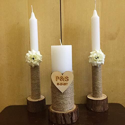 Rustic Wooden Candle Holders and Stand Set of 3 with Jute Wrap and Bark Trim Hurricane Glass - Image 1