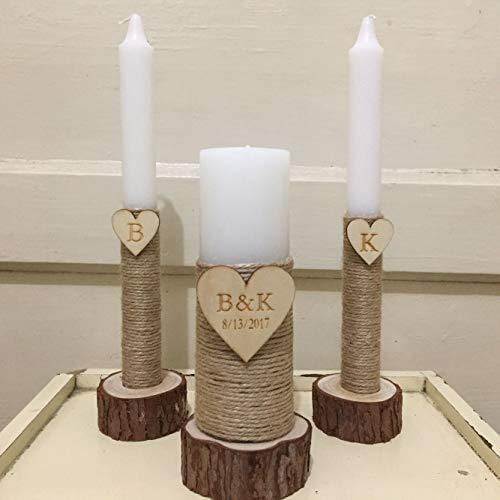 Rustic Wooden Candle Holders and Stand Set of 3 with Jute Wrap and Bark Trim Hurricane Glass - Image 2