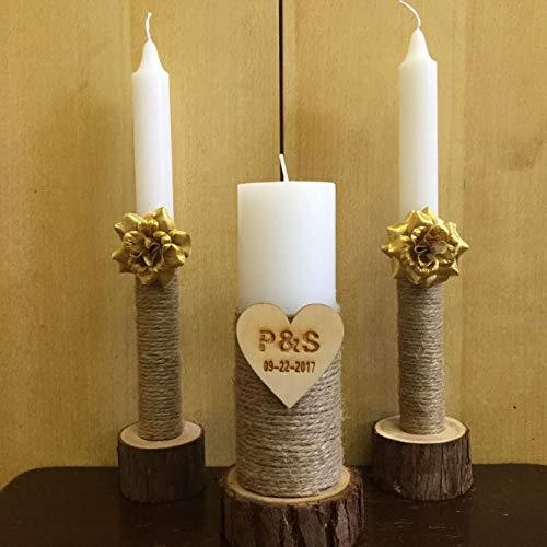 Rustic Wooden Candle Holders and Stand Set of 3 with Jute Wrap and Bark Trim Hurricane Glass - Image 3
