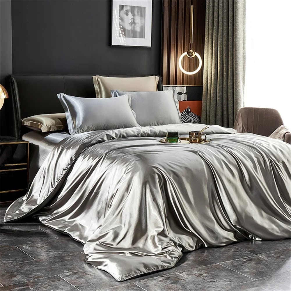 Satin Bedding Set with Silk Sheet Smooth High-Shine Duvet Cover and Pillowcases Toddler - Image 2