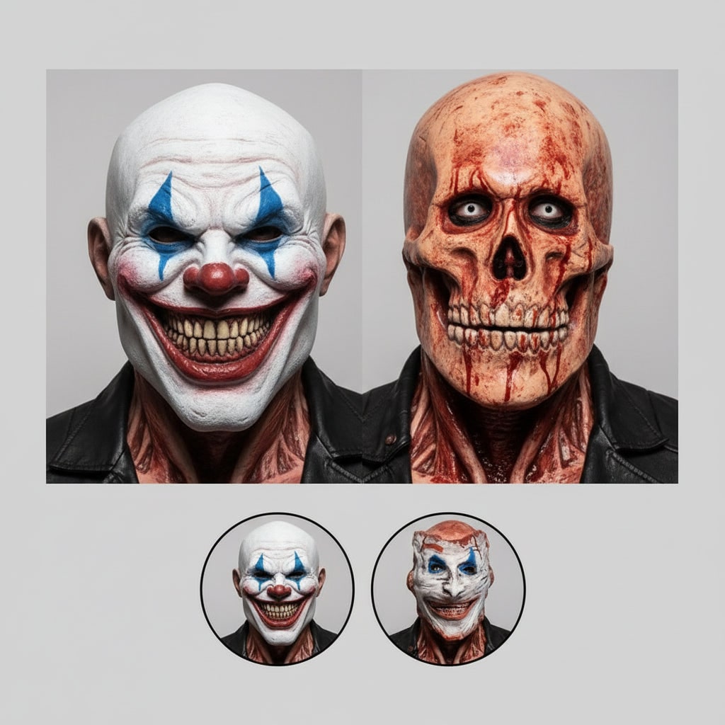 Scary Halloween Mask Costume with Creepy Peel-Off Clown and Skull Latex Design Full Head Coverage - Image 1