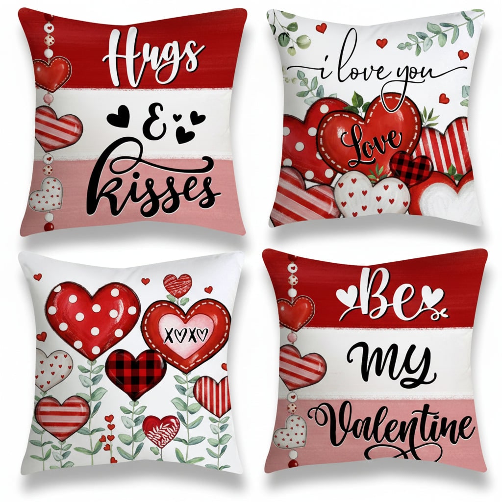 Seasonal Throw Pillow Covers Valentine's Day Heart Print 4 Pack Square - Image 1