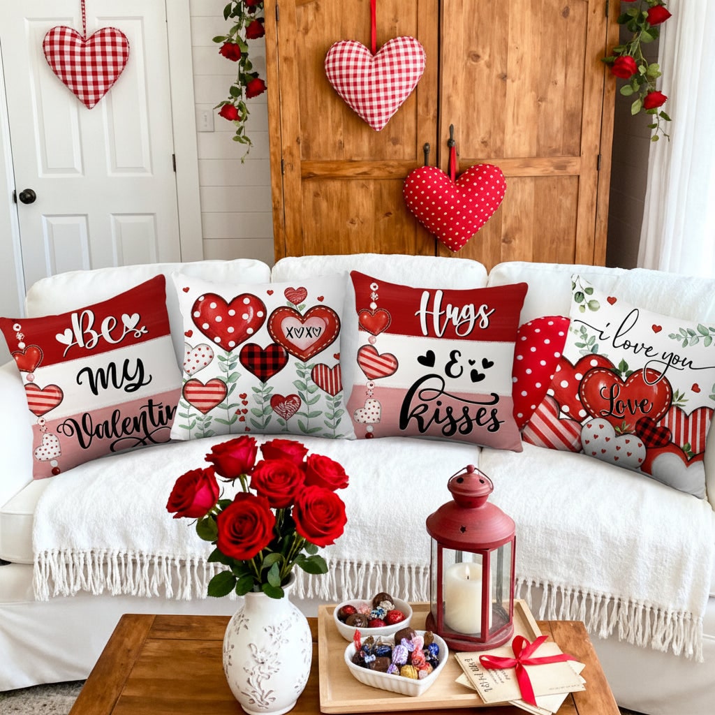 Seasonal Throw Pillow Covers Valentine's Day Heart Print 4 Pack Square - Image 2