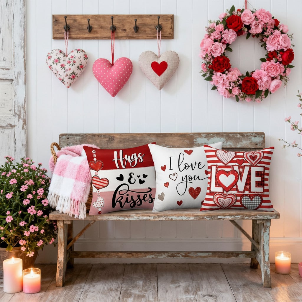 Seasonal Throw Pillow Covers Valentine's Day Heart Print 4 Pack Square - Image 4