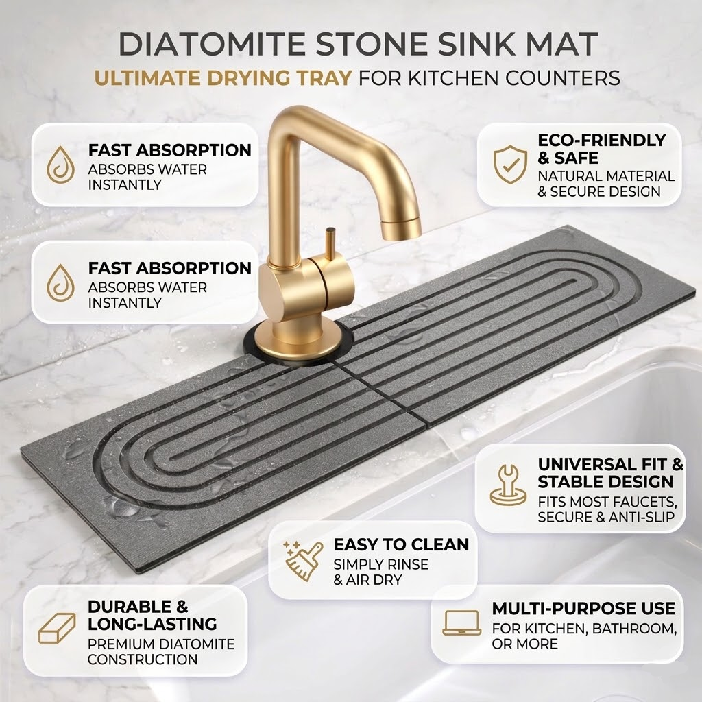 Sink Splash Guard Diatomaceous Earth Faucet Drying Mat with Absorbent Stone Surface - Image 3