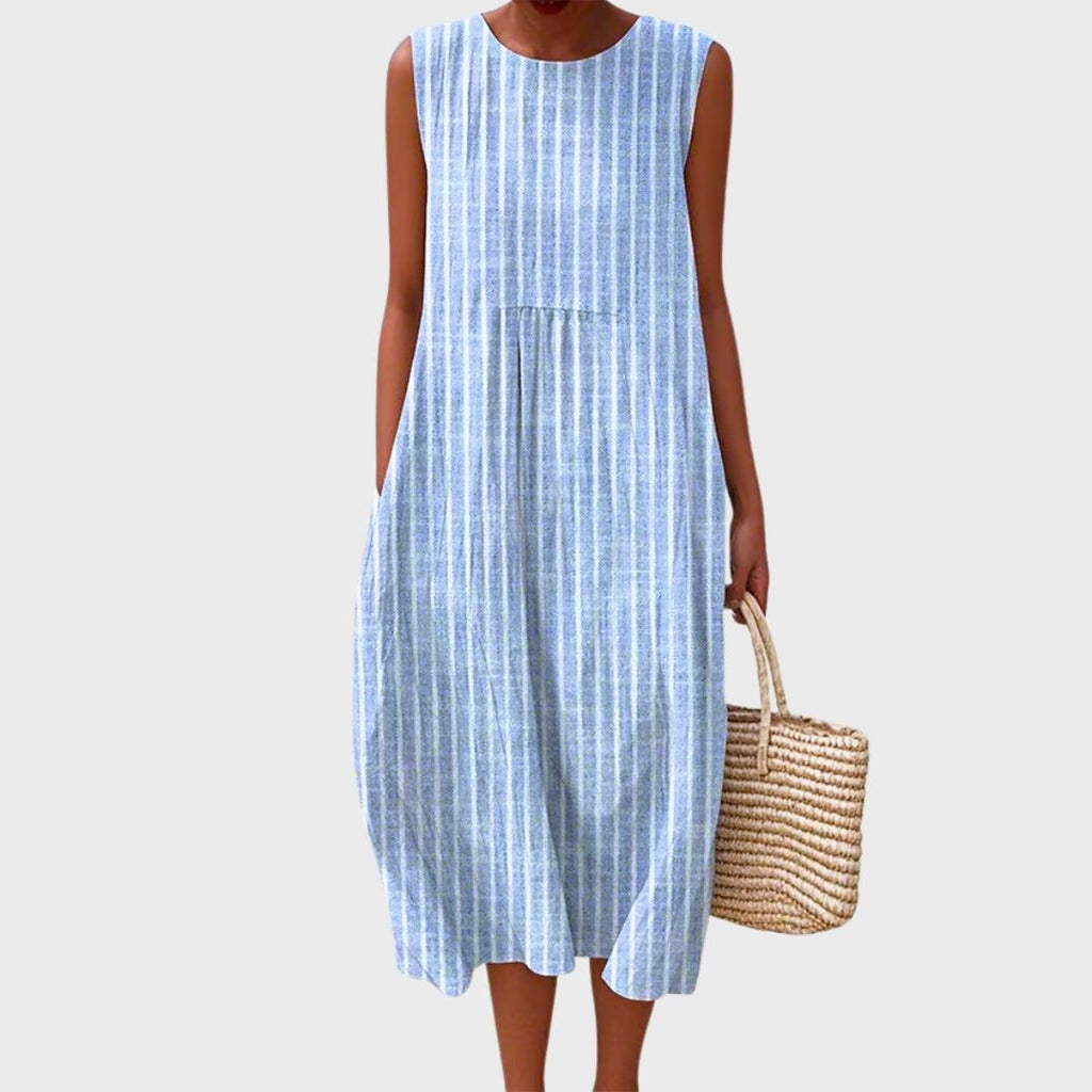 Sleeveless Empire Waist Midi Dress with Pockets Lightweight Summer Gathered - Image 5