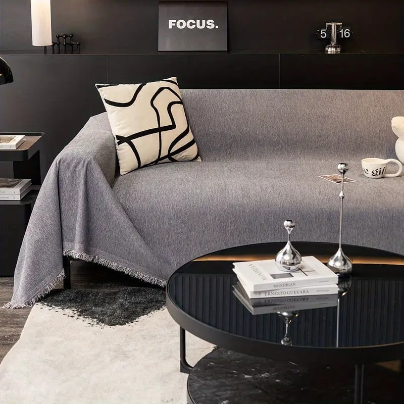 Sofa Couch Cover Throw with Woven Herringbone Chenille and Fringe - Image 1