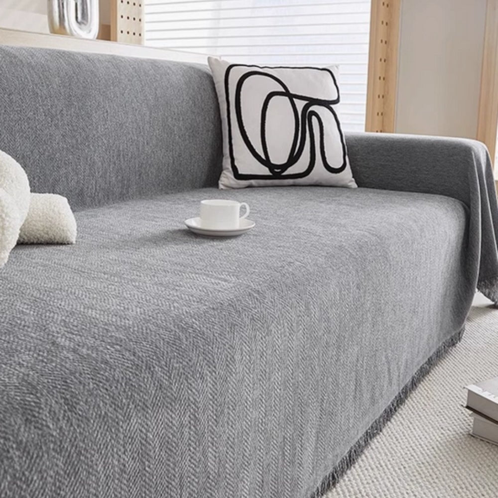 Sofa Couch Cover Throw with Woven Herringbone Chenille and Fringe - Image 2