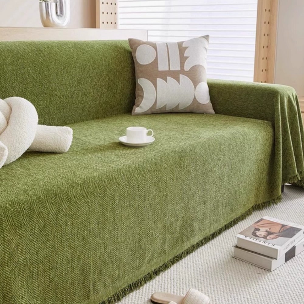 Sofa Couch Cover Throw with Woven Herringbone Chenille and Fringe - Image 3