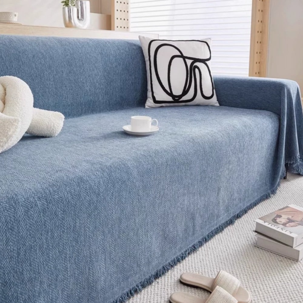 Sofa Couch Cover Throw with Woven Herringbone Chenille and Fringe - Image 4