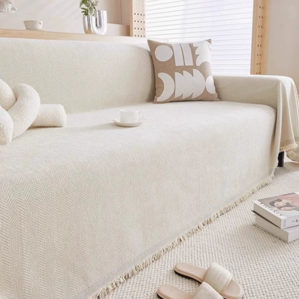 Sofa Couch Cover Throw with Woven Herringbone Chenille and Fringe - Image 6
