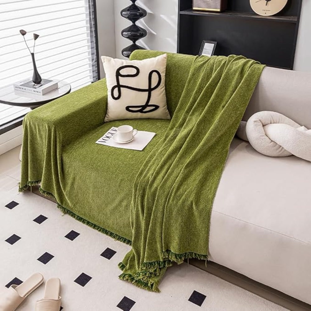 Sofa Couch Cover Throw with Woven Herringbone Chenille and Fringe - Image 7