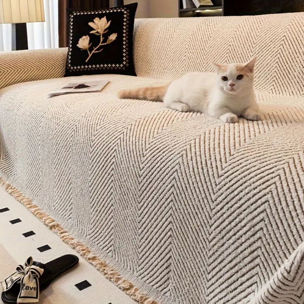 Sofa Throw Blanket Couch Herringbone Fringed Woven Textured Cover - Image 5