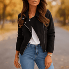 Chic Women's Leather Jacket with Zip and Button Details - Effortless Style and Comfort