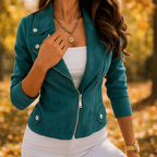 Chic Women's Leather Jacket with Zip and Button Details - Effortless Style and Comfort