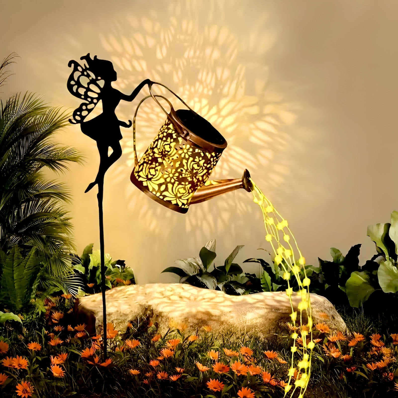 Solar Metal Watering Can Light with Cascading LED String and Outdoor Powered Garden Stake - Image 1