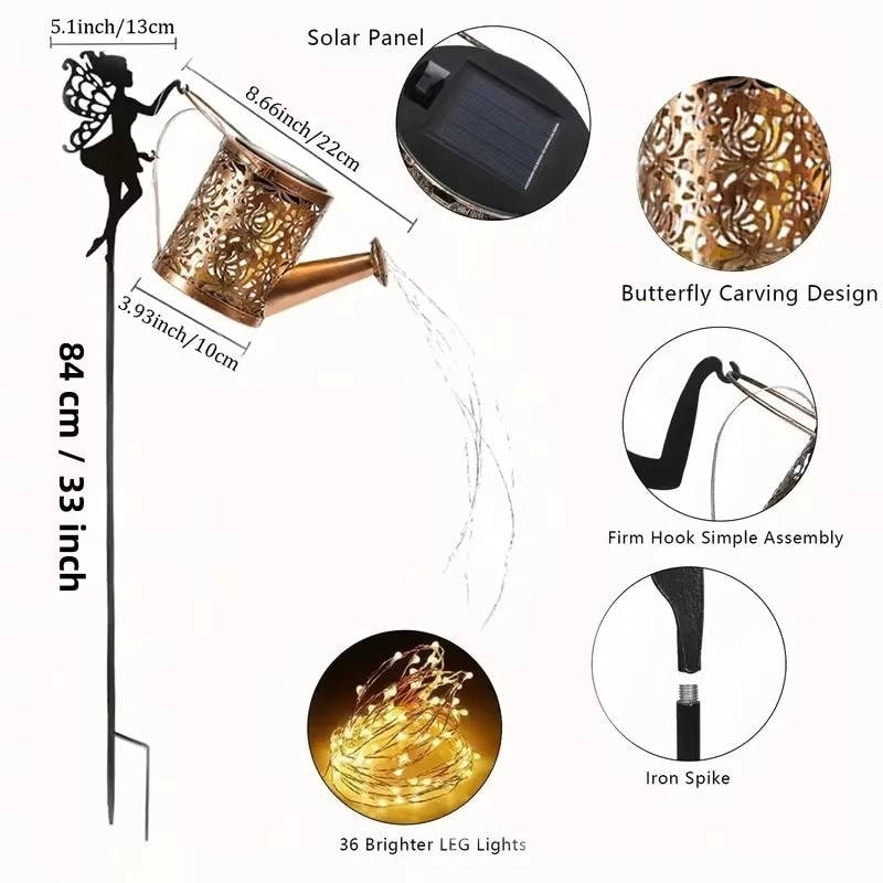 Solar Metal Watering Can Light with Cascading LED String and Outdoor Powered Garden Stake - Image 10