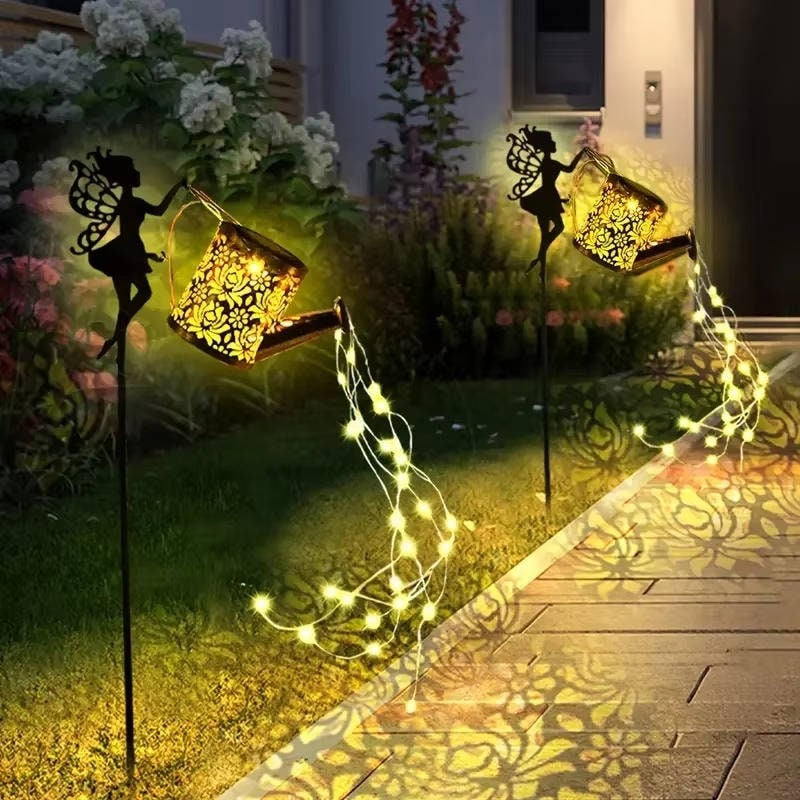 Solar Metal Watering Can Light with Cascading LED String and Outdoor Powered Garden Stake - Image 2