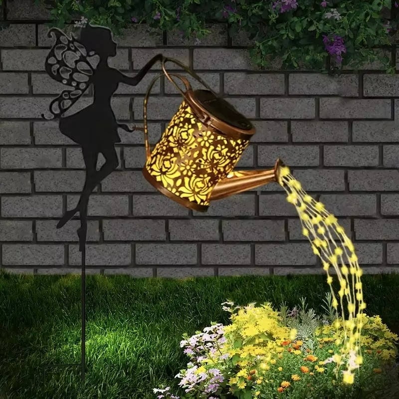 Solar Metal Watering Can Light with Cascading LED String and Outdoor Powered Garden Stake - Image 3