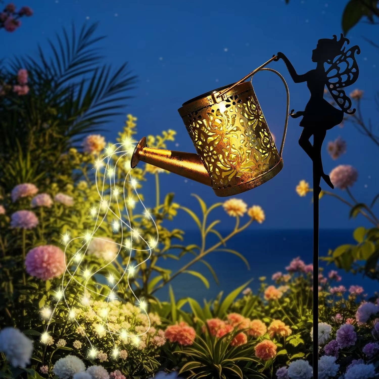 Solar Metal Watering Can Light with Cascading LED String and Outdoor Powered Garden Stake - Image 4