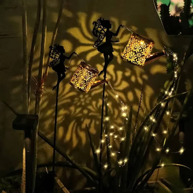 Solar Metal Watering Can Light with Cascading LED String and Outdoor Powered Garden Stake - Image 5