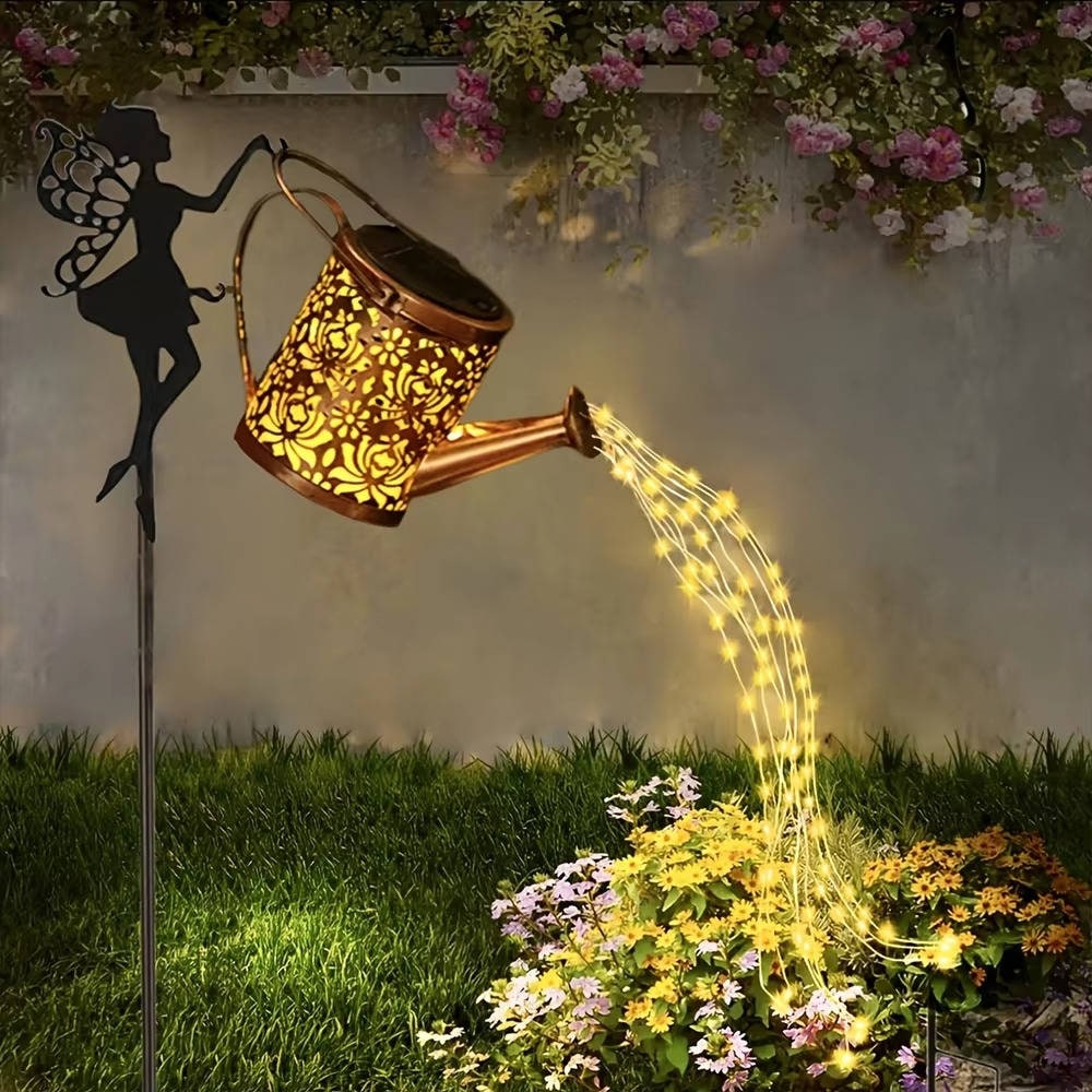 Solar Metal Watering Can Light with Cascading LED String and Outdoor Powered Garden Stake - Image 6