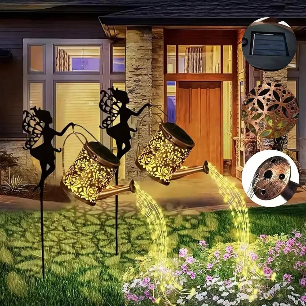 Solar Metal Watering Can Light with Cascading LED String and Outdoor Powered Garden Stake - Image 7