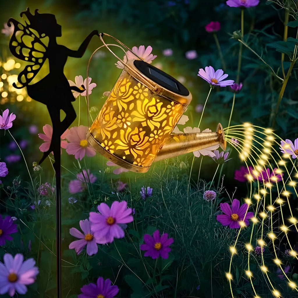 Solar Metal Watering Can Light with Cascading LED String and Outdoor Powered Garden Stake - Image 8