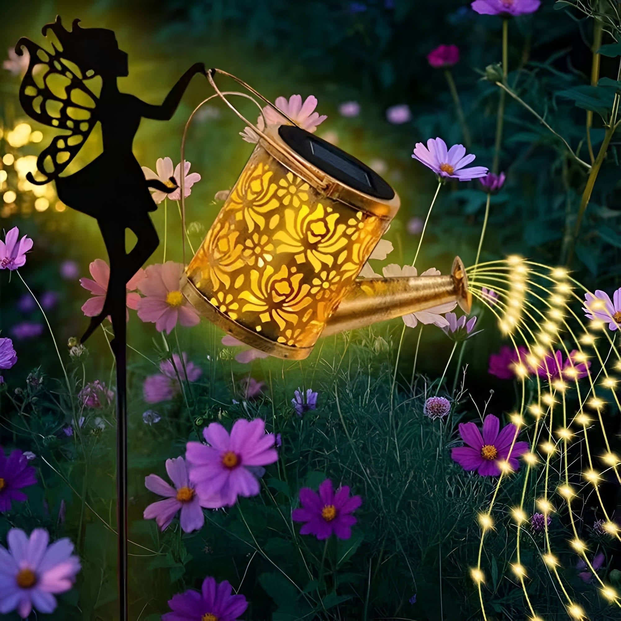 Solar Metal Watering Can Light with Cascading LED String and Outdoor Powered Garden Stake - Image 8
