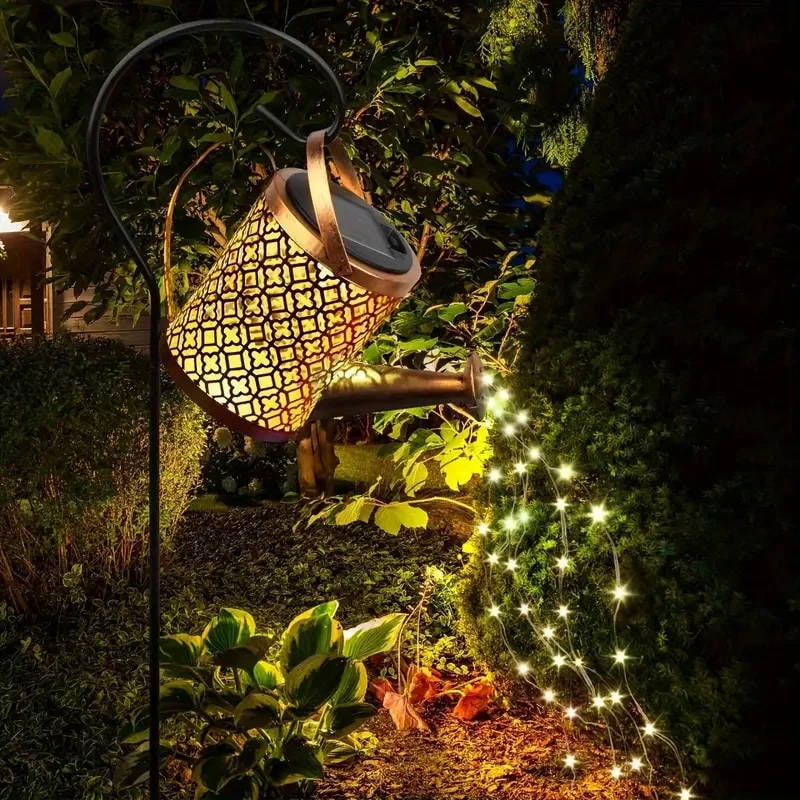 Solar Metal Watering Can Light with Cascading LED String and Outdoor Powered Garden Stake - Image 9