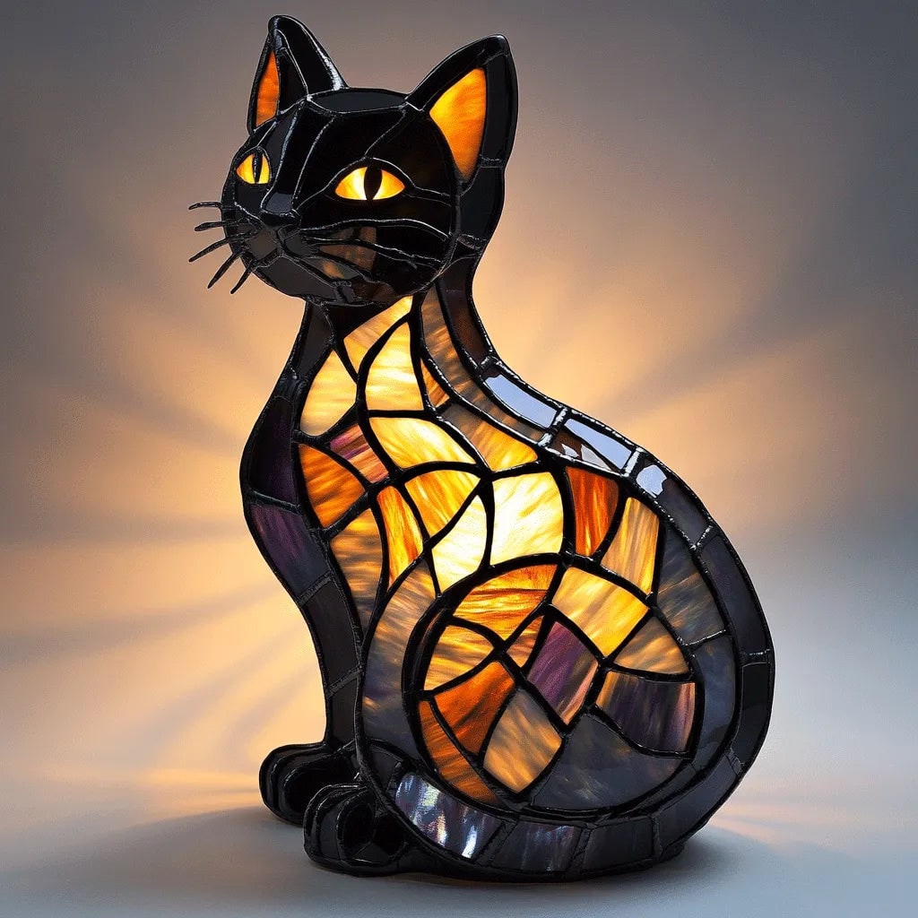 Stained Glass Cat Lamp with LED Night Light Mosaic Glowing Eyes and Vintage Design - Image 1