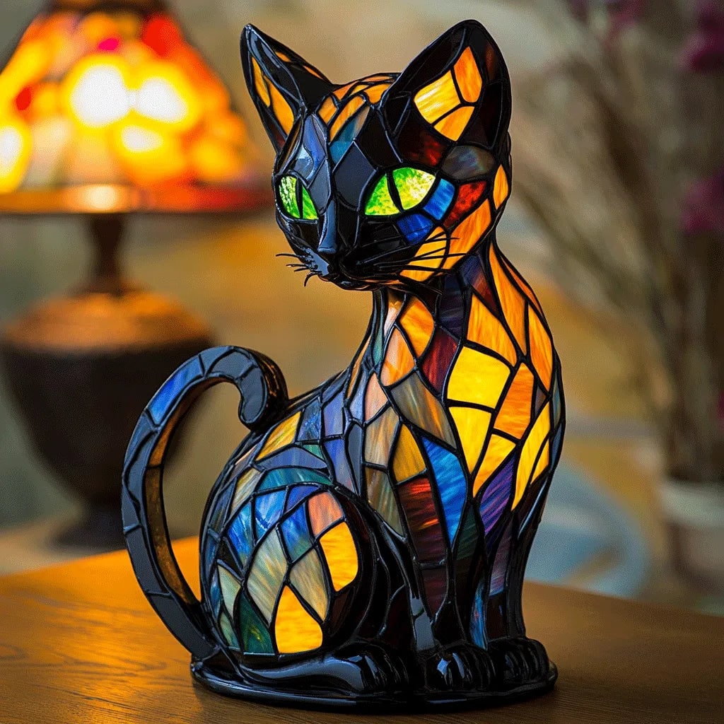 Stained Glass Cat Lamp with LED Night Light Mosaic Glowing Eyes and Vintage Design - Image 2