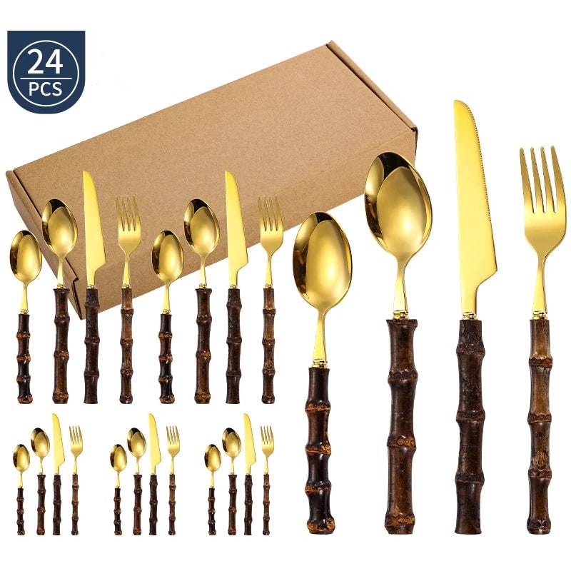 Stainless Steel Flatware Set with Bamboo Handles 24-Piece Cutlery for 6 - Image 1