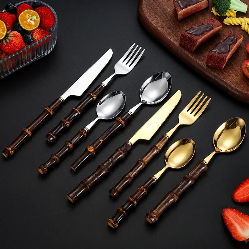 Stainless Steel Flatware Set with Bamboo Handles 24-Piece Cutlery for 6 - Image 2