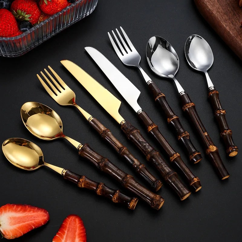 Stainless Steel Flatware Set with Bamboo Handles 24-Piece Cutlery for 6 - Image 3