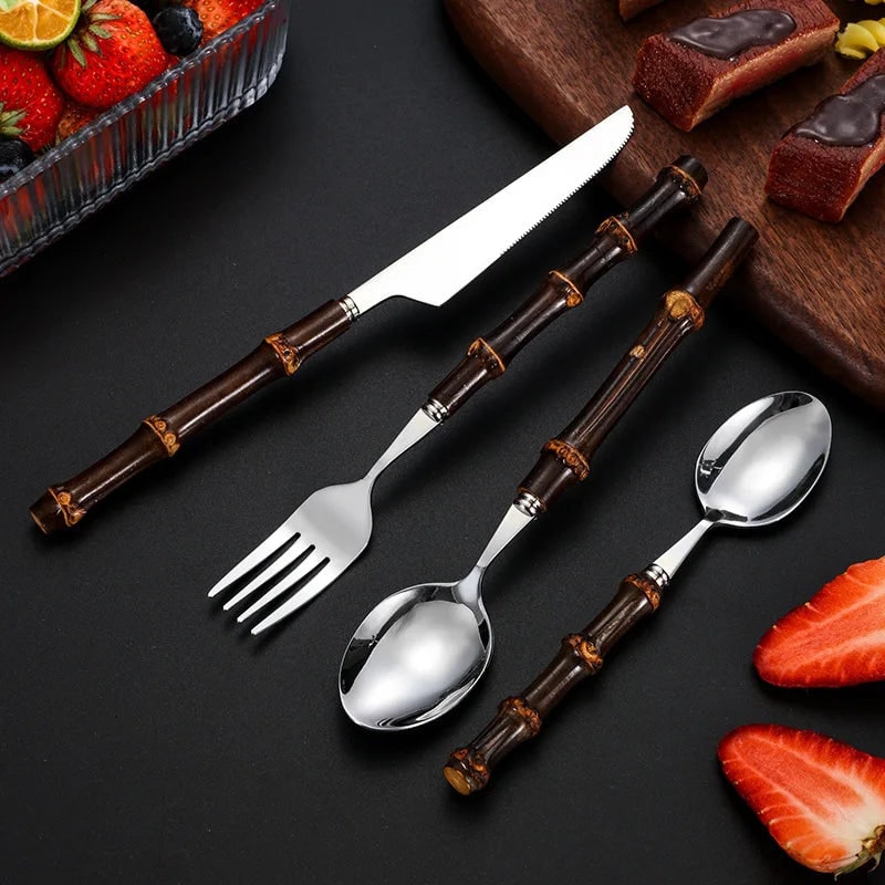 Stainless Steel Flatware Set with Bamboo Handles 24-Piece Cutlery for 6 - Image 4