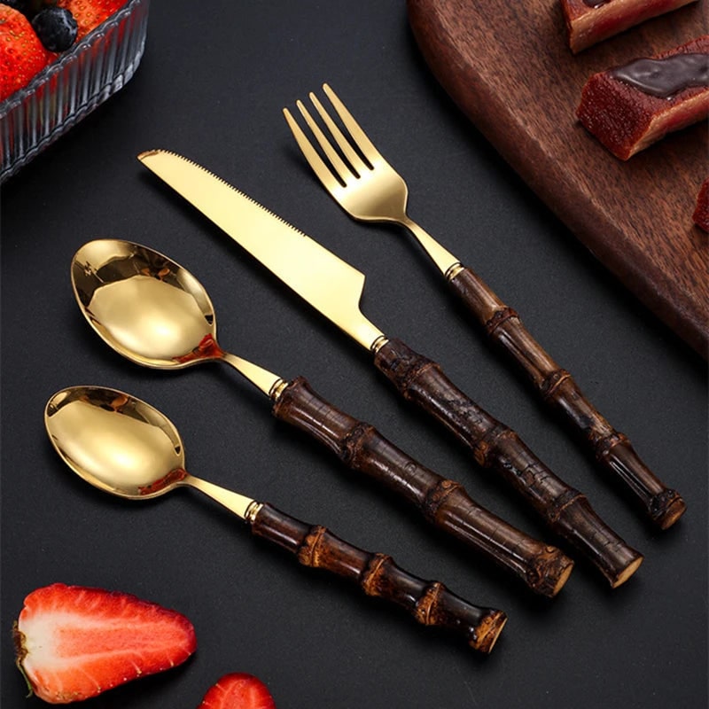 Stainless Steel Flatware Set with Bamboo Handles 24-Piece Cutlery for 6 - Image 5