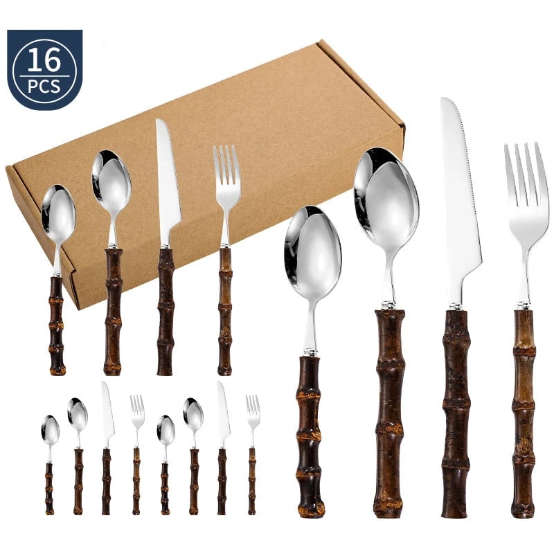 Stainless Steel Flatware Set with Bamboo Handles 24-Piece Cutlery for 6 - Image 8
