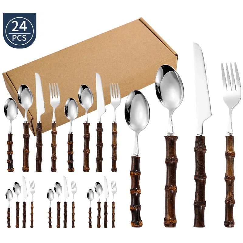 Stainless Steel Flatware Set with Bamboo Handles 24-Piece Cutlery for 6 - Image 9