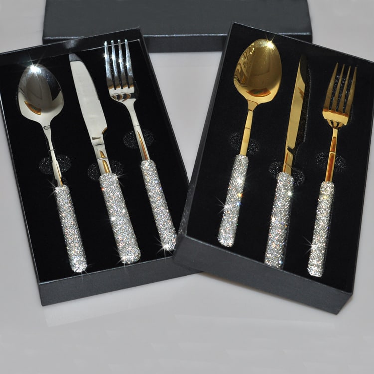 Stainless Steel Flatware Set with Rhinestone Handles and Gold Silver Options 20 Piece - Image 3