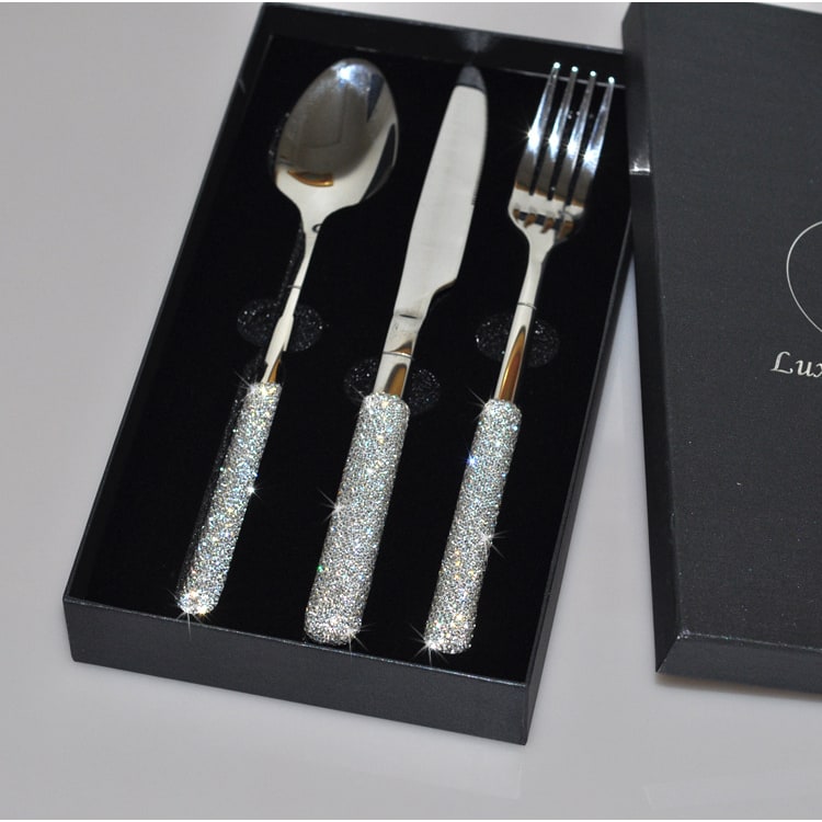Stainless Steel Flatware Set with Rhinestone Handles and Gold Silver Options 20 Piece - Image 4