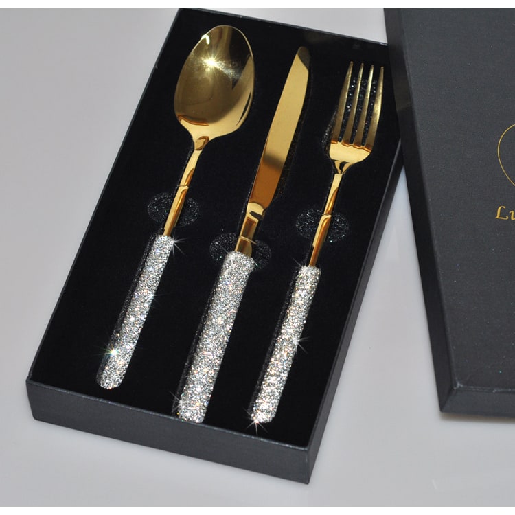 Stainless Steel Flatware Set with Rhinestone Handles and Gold Silver Options 20 Piece - Image 9