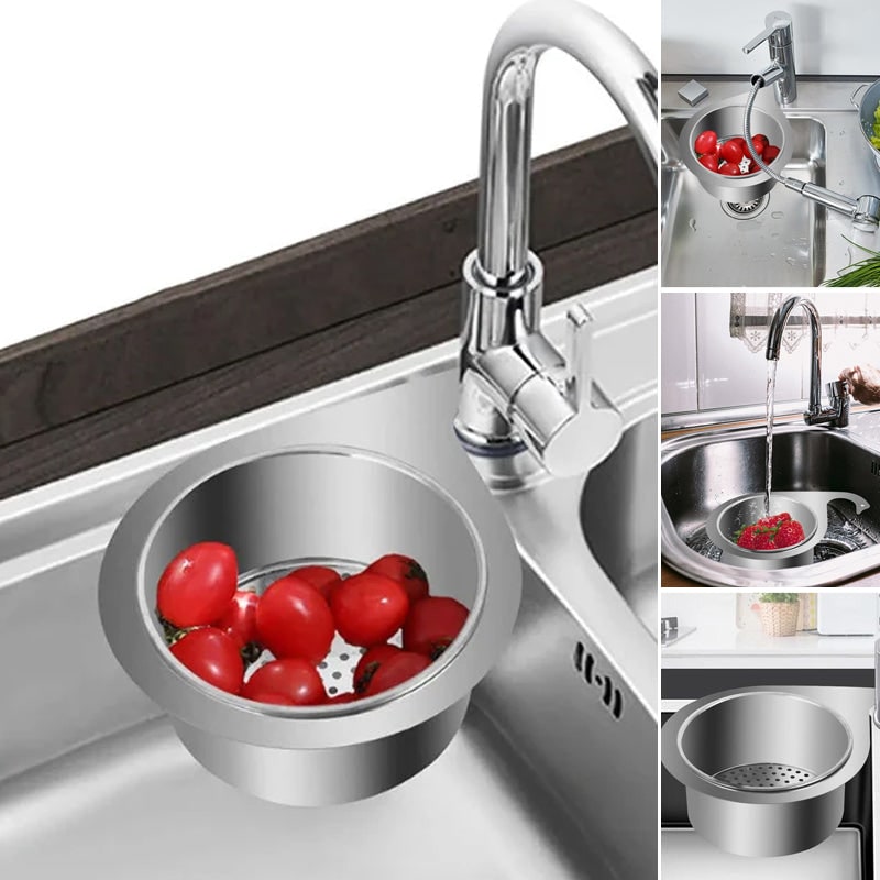 Stainless Steel Sink Strainer Basket with Kitchen Faucet Hook and Corner Drain Perforations - Image 2