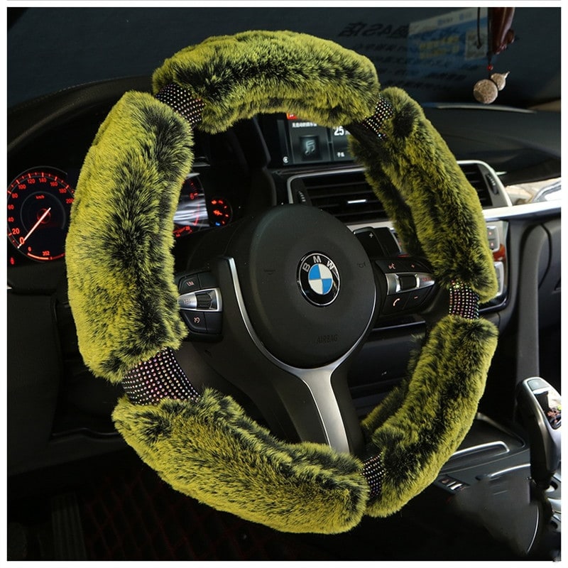 Steering Wheel Cover for Car with Plush Faux Fur and Rhinestone Embellished Design - Image 1