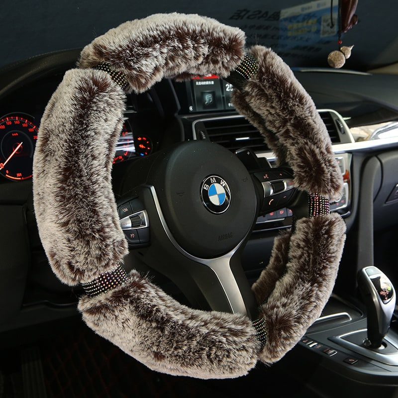 Steering Wheel Cover for Car with Plush Faux Fur and Rhinestone Accents - Image 2