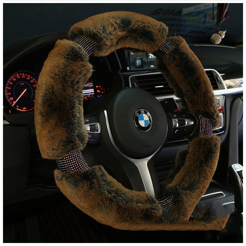 Steering Wheel Cover for Car with Plush Faux Fur and Rhinestone Embellished Design - Image 3