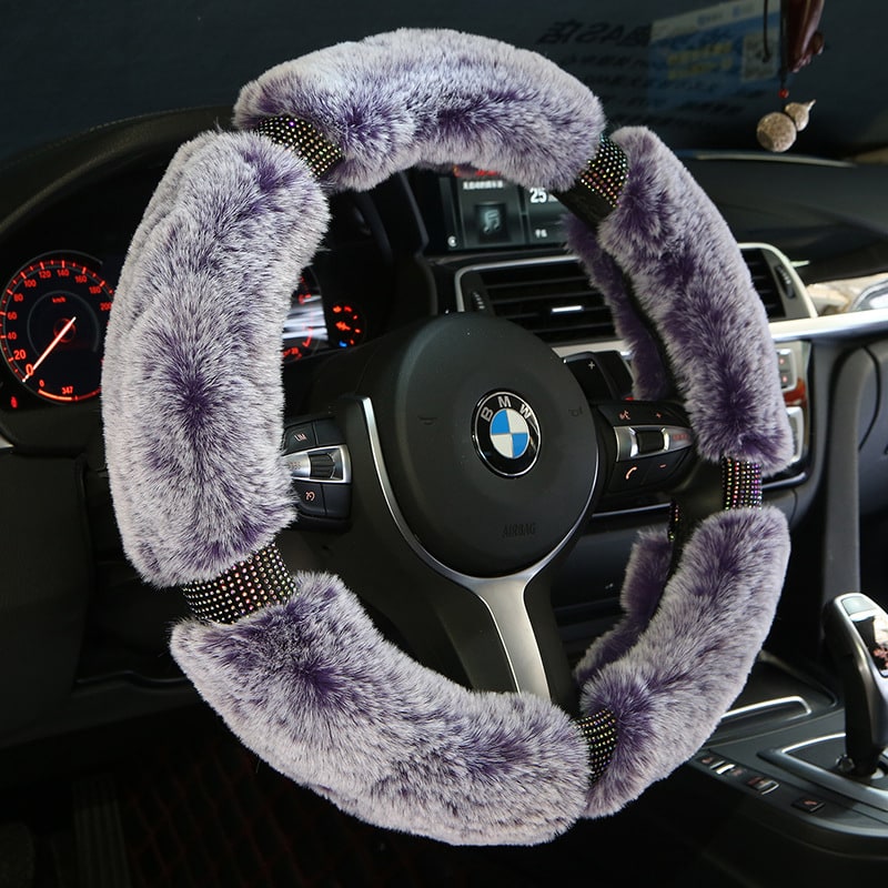 Steering Wheel Cover for Car with Plush Faux Fur and Rhinestone Embellished Design - Image 4